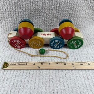 Holgate Wooden Pull Toy DOUBLE TUMBLE 1955 Barrels 8 Wheels Vintage Great‎ Cond